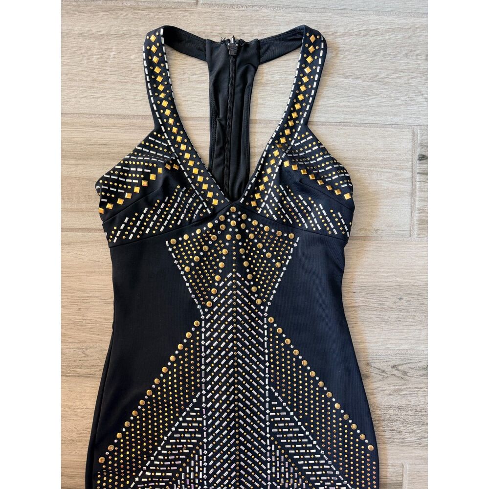 bebe NWT Embellished V-Neck Midi Dress Black GoldRhinestone Studded Sz S